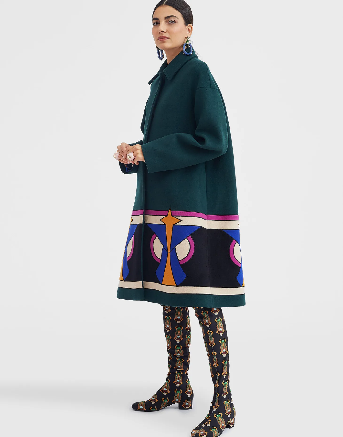 Boxy Coat IntarsiaDark Green in Wool