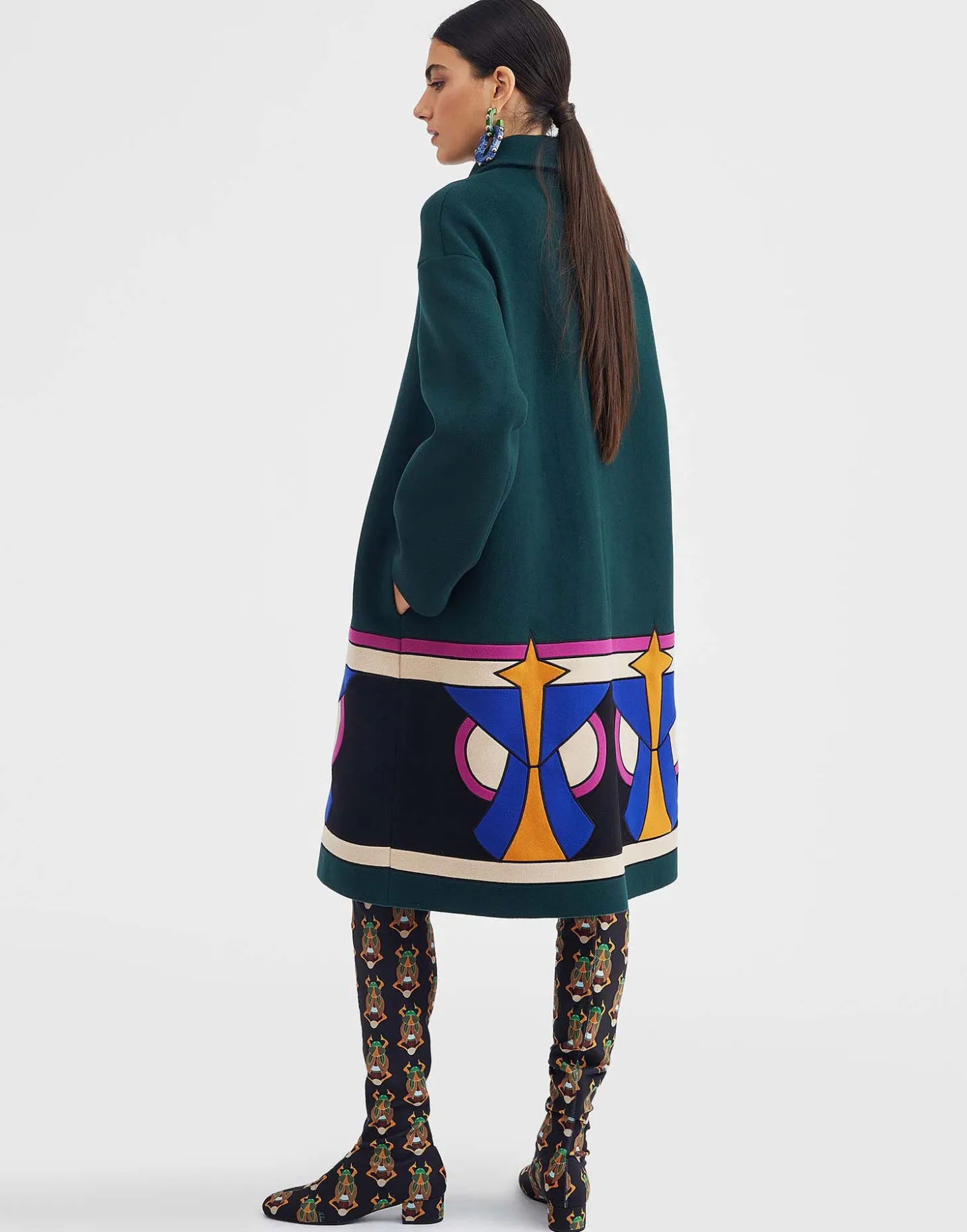 Boxy Coat IntarsiaDark Green in Wool