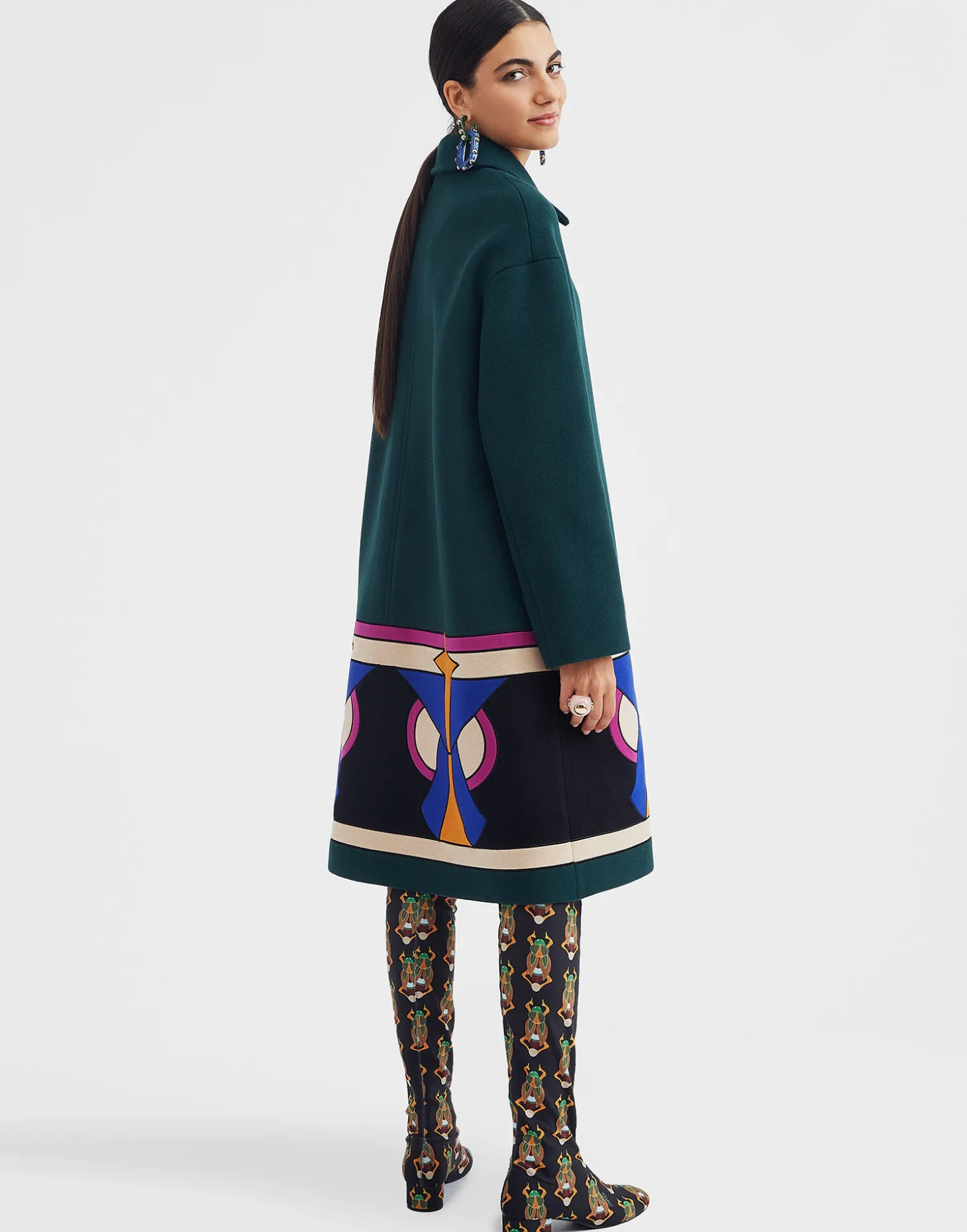 Boxy Coat IntarsiaDark Green in Wool