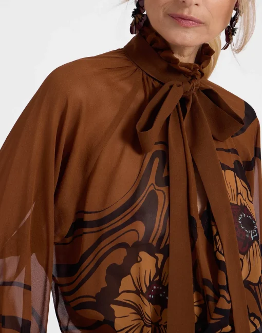 Cerere BlouseBig Blooms Placée Brown in Silk Chiffon