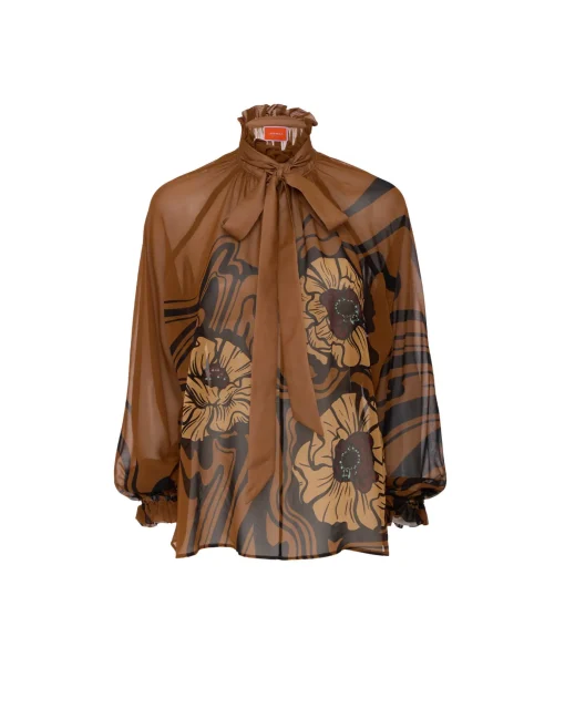 Cerere BlouseBig Blooms Placée Brown in Silk Chiffon
