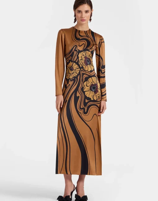 Clingy SwingBig Blooms Placée Brown in Stretch Satin