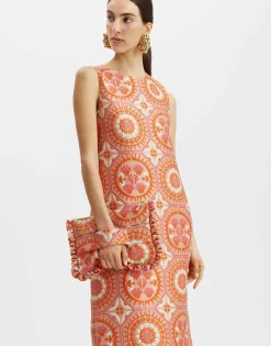 Column DressSun Orange in Jacquard With Feathers
