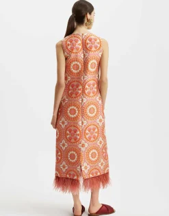 Column DressSun Orange in Jacquard With Feathers