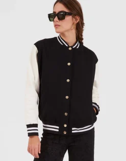 Embroidered Sisterhood Varsity BomberSolid Black in Jersey