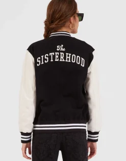 Embroidered Sisterhood Varsity BomberSolid Black in Jersey