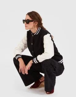 Embroidered Sisterhood Varsity BomberSolid Black in Jersey