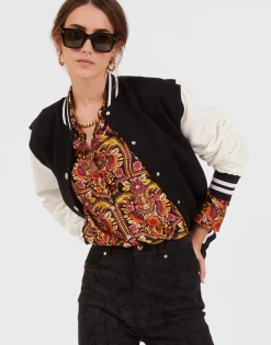 Embroidered Sisterhood Varsity BomberSolid Black in Jersey