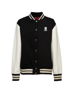Embroidered Sisterhood Varsity BomberSolid Black in Jersey