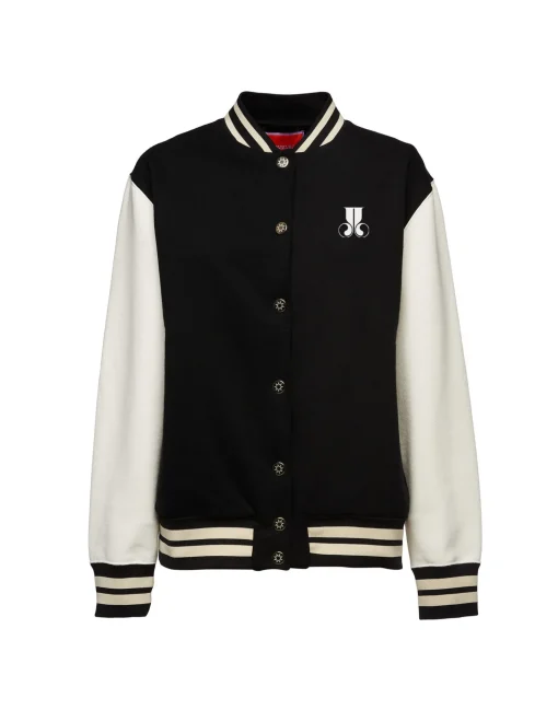 Embroidered Sisterhood Varsity BomberSolid Black in Jersey