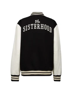 Embroidered Sisterhood Varsity BomberSolid Black in Jersey