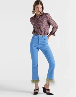 Fancy Crop Jeans (With Feathers)Light Blue in Denim