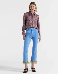 Fancy Crop Jeans (With Feathers)Light Blue in Denim