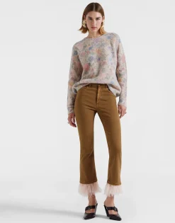 Fancy Crop JeansKhaki in Denim With Feathers
