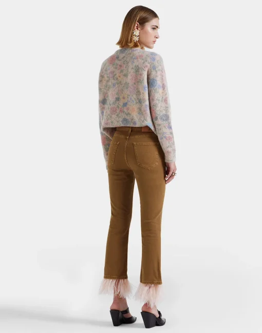 Fancy Crop JeansKhaki in Denim With Feathers