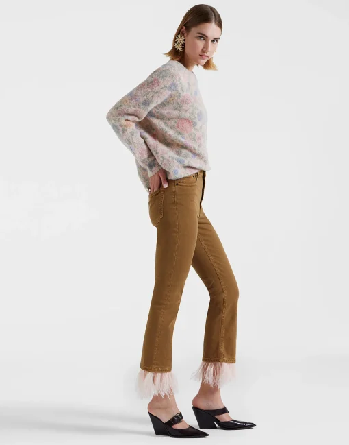 Fancy Crop JeansKhaki in Denim With Feathers