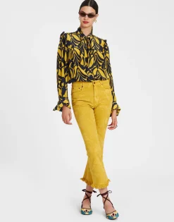 Fancy Crop JeansSicomore Yellow in Laser-Printed Denim With Fringe