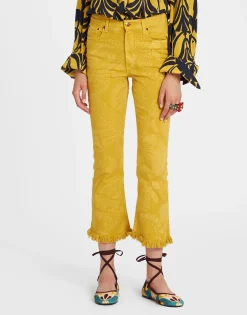 Fancy Crop JeansSicomore Yellow in Laser-Printed Denim With Fringe
