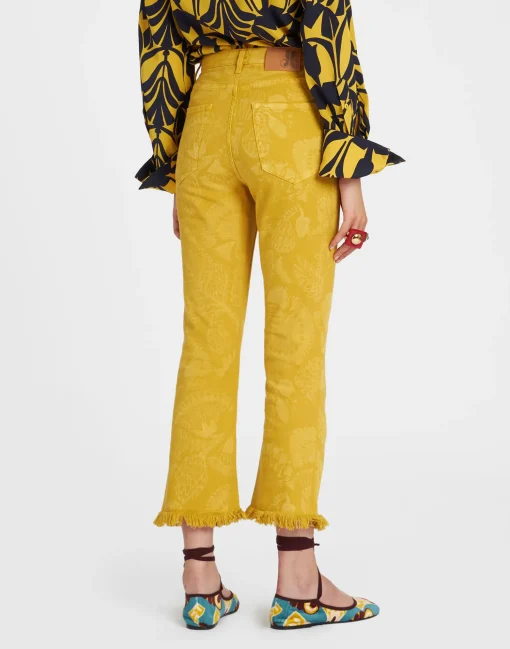 Fancy Crop JeansSicomore Yellow in Laser-Printed Denim With Fringe