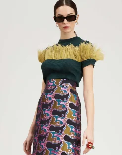 High Kick TeeGreen in Ribbed Silk Cashmere With Feathers