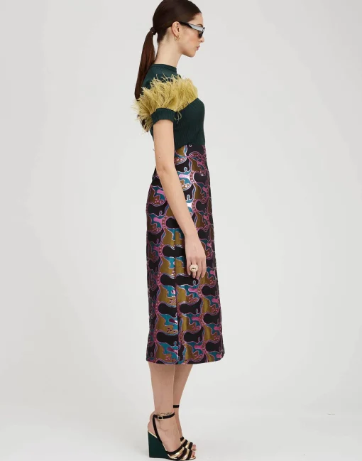High Kick TeeGreen in Ribbed Silk Cashmere With Feathers