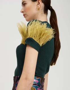 High Kick TeeGreen in Ribbed Silk Cashmere With Feathers