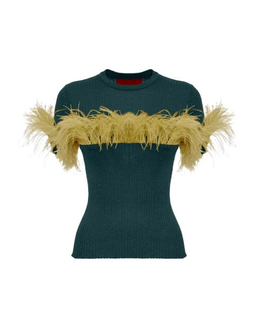 High Kick TeeGreen in Ribbed Silk Cashmere With Feathers