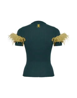 High Kick TeeGreen in Ribbed Silk Cashmere With Feathers