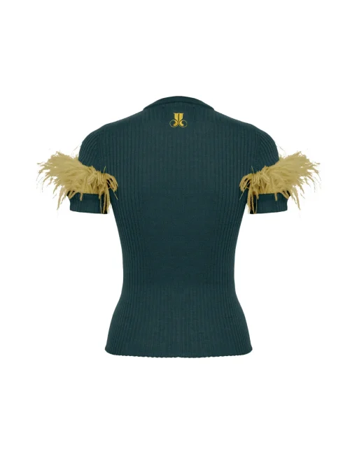 High Kick TeeGreen in Ribbed Silk Cashmere With Feathers