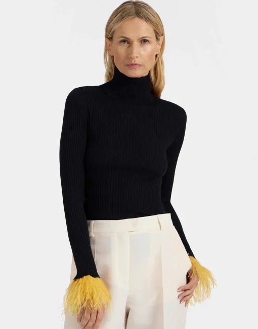 High Kick TopBlack in Ribbed Silk Cashmere With Feathers