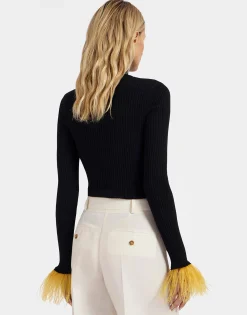 High Kick TopBlack in Ribbed Silk Cashmere With Feathers