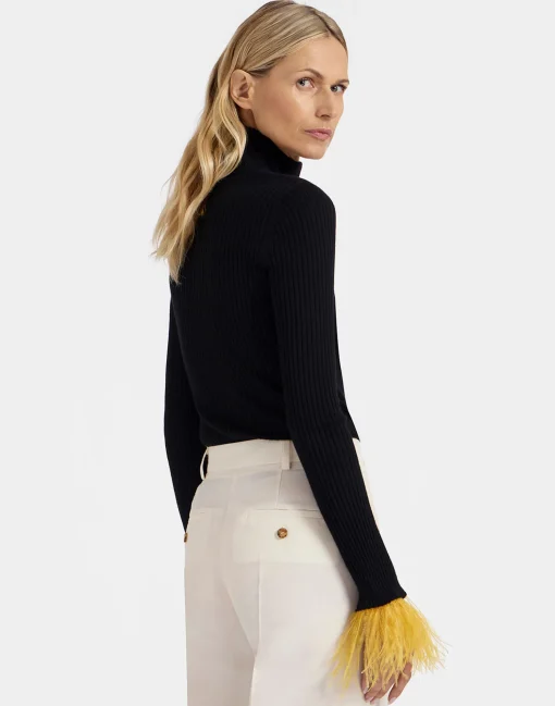High Kick TopBlack in Ribbed Silk Cashmere With Feathers