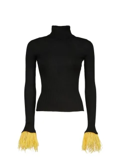 High Kick TopBlack in Ribbed Silk Cashmere With Feathers
