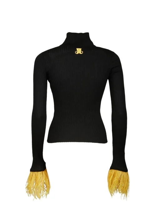 High Kick TopBlack in Ribbed Silk Cashmere With Feathers