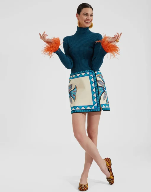 High Kick TopBlue in Ribbed Silk Cashmere With Feathers
