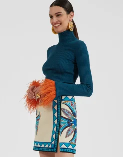 High Kick TopBlue in Ribbed Silk Cashmere With Feathers