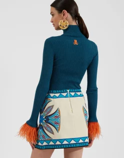 High Kick TopBlue in Ribbed Silk Cashmere With Feathers