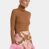 High Kick TopCamel in Ribbed Silk Cashmere With Feathers