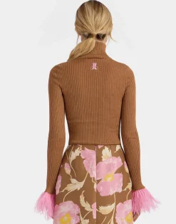 High Kick TopCamel in Ribbed Silk Cashmere With Feathers