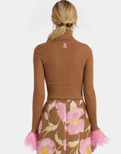 High Kick TopCamel in Ribbed Silk Cashmere With Feathers