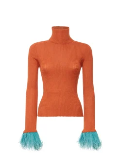 High Kick TopOrange in Ribbed Silk Cashmere With Feathers