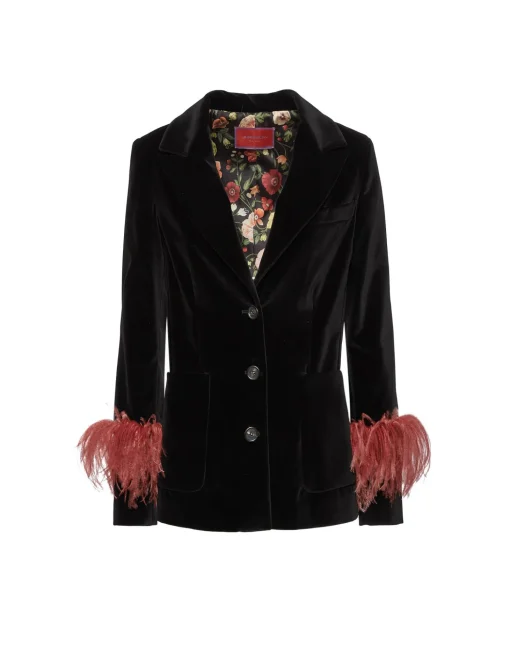 Keaton JacketSolid Black in Cotton Velvet With Feathers