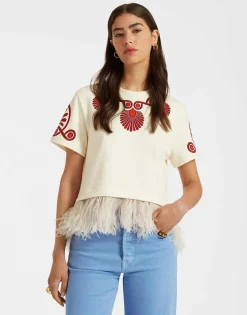 La Scala TeeMedallion Placée Cream in Heavy Jersey With Feathers