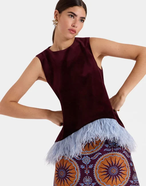 La Scala TopSolid Burgandy in Cotton Velvet With Feathers