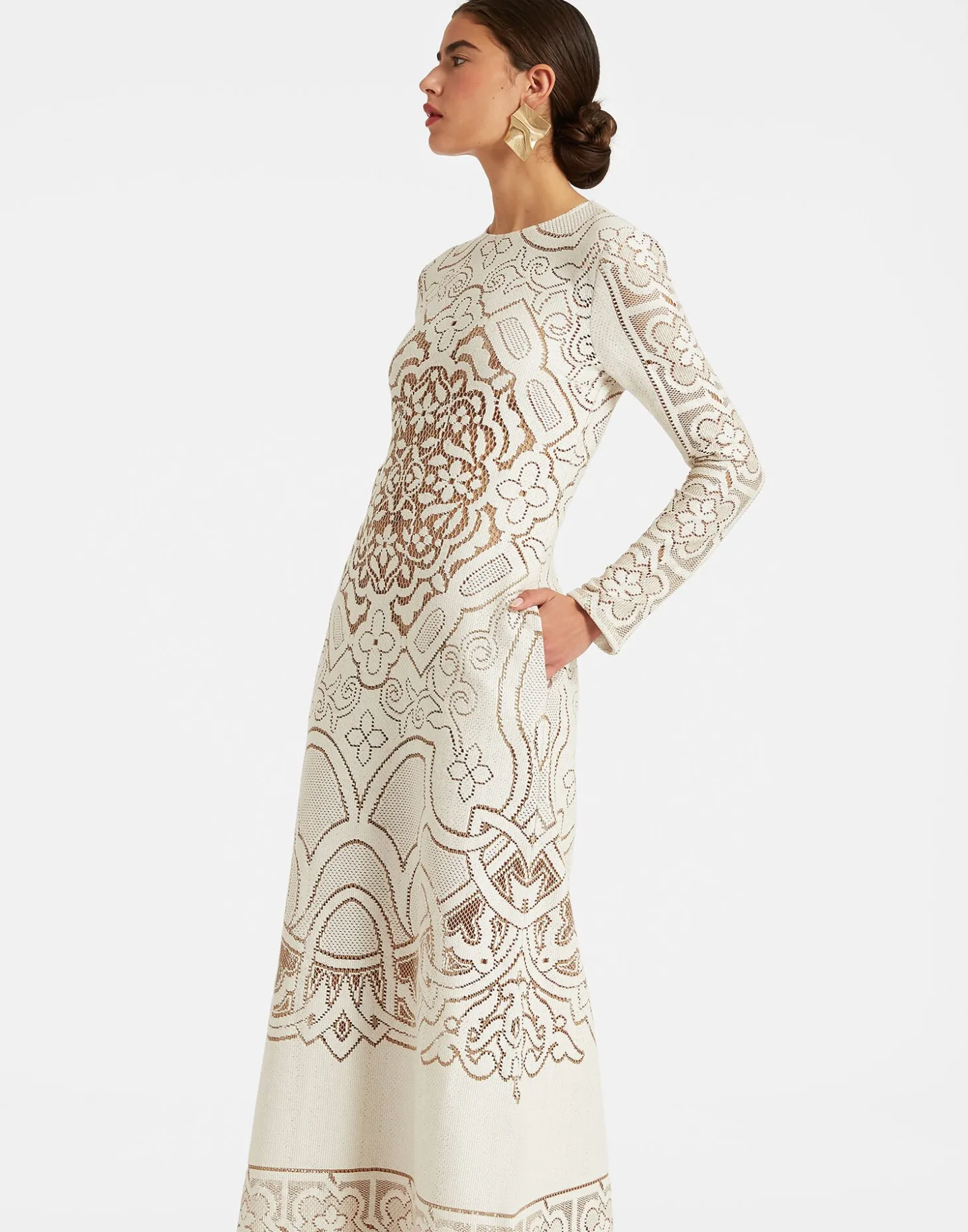 Lacey Long Sleeve Swing DressSolid White Smoke in Embroidered Cotton