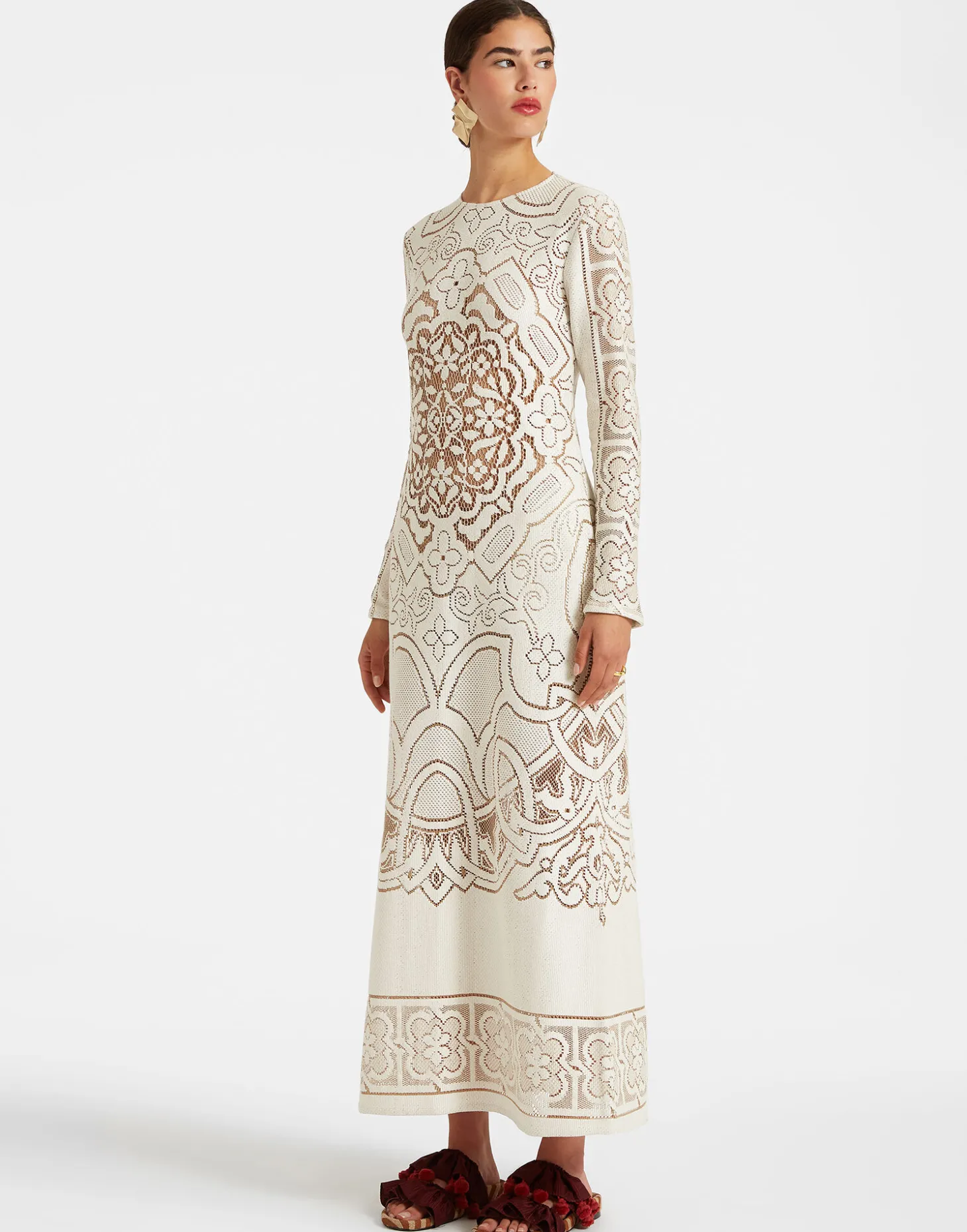 Lacey Long Sleeve Swing DressSolid White Smoke in Embroidered Cotton