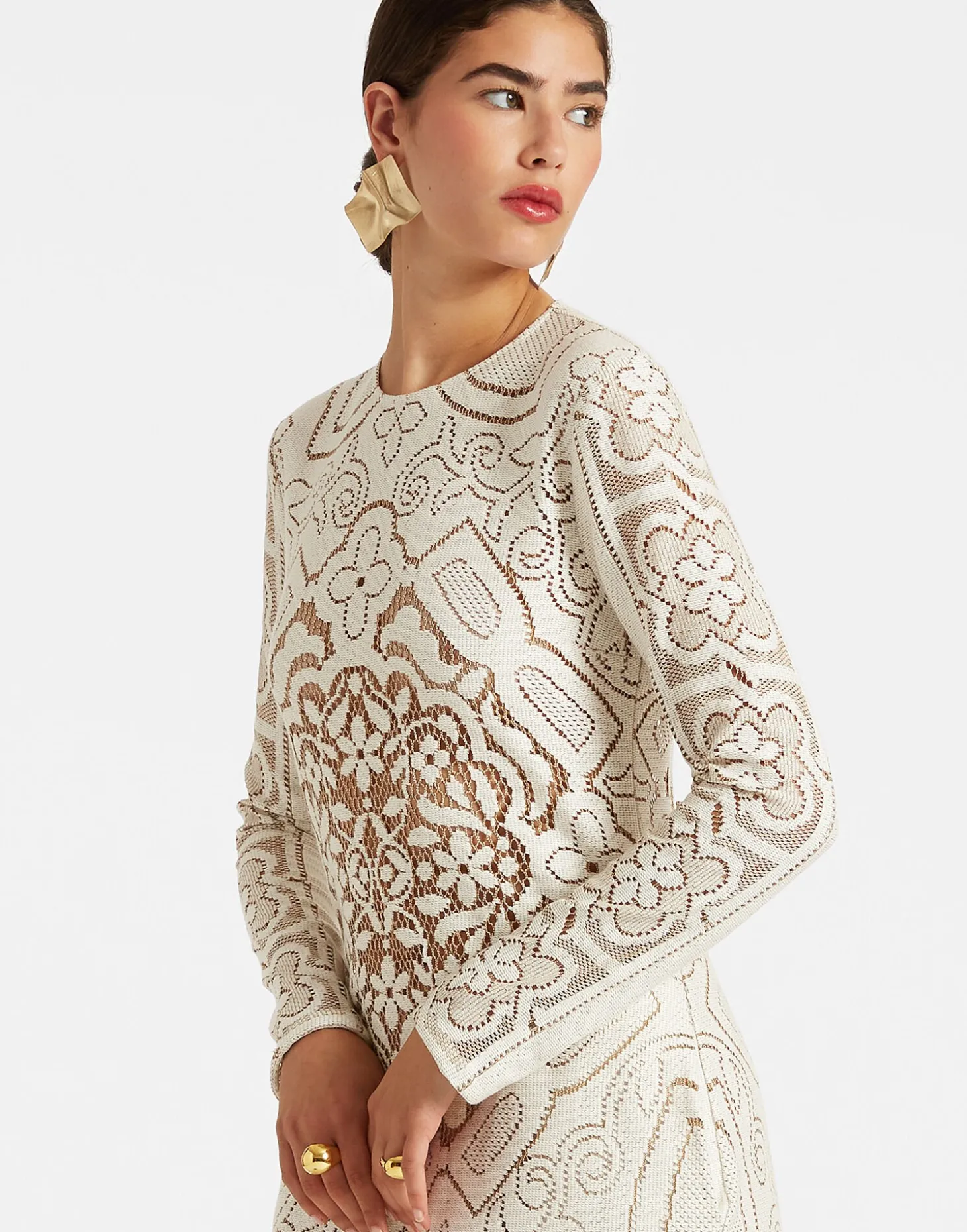 Lacey Long Sleeve Swing DressSolid White Smoke in Embroidered Cotton