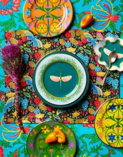Large Tablecloth (180x350)Dragon Flower Turchese in Linen