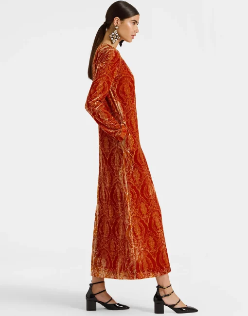 Long Sleeve Swing DressBanquet Orange in Devoré