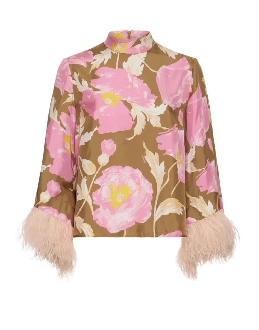 Make An Exit TopSylph Khaki in Silk Twill With Feathers